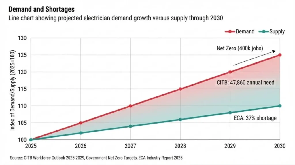 Line chart showing projected electrician demand outpacing supply growth from 2025 to 2030 with widening shortage gap