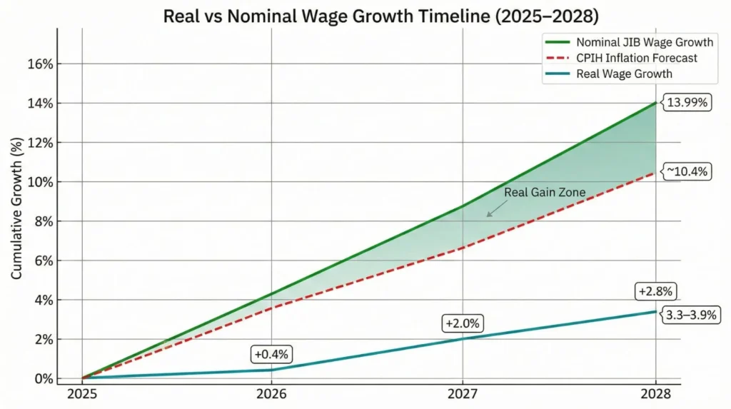 Line graph comparing JIB nominal wage growth of 13.99% against forecast inflation of 10.4% showing real purchasing power gain of 3.3-3.9% over 2025-2028 period