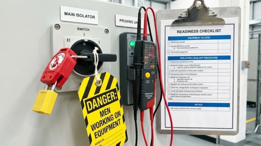Main isolator locked off with warning tags, voltage tester, and safe isolation checklist.