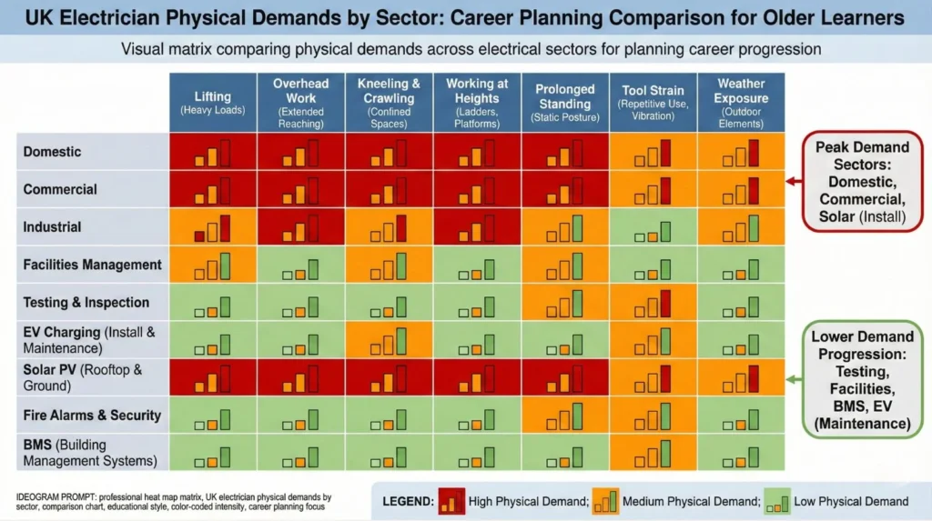 Matrix comparing physical demands across electrical sectors showing domestic and commercial installation as highest intensity with testing and BMS as lower demand options