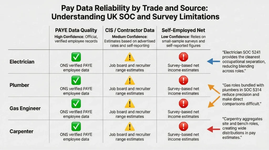 Matrix showing data reliability for electrician, plumber, gas engineer, and carpenter pay: PAYE data high quality (ONS verified), contractor rates medium (job boards), self-employed net low (survey estimates)