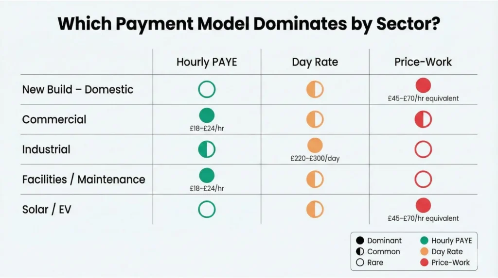 Matrix showing which payment model (hourly, day rate, price-work) is dominant in each electrical sector from new builds to industrial