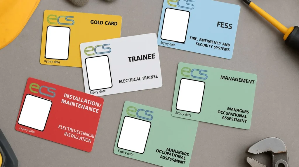 Multiple ECS cards including Gold Card, trainee, FESS, and management variants showing range of UK electrotechnical certification types