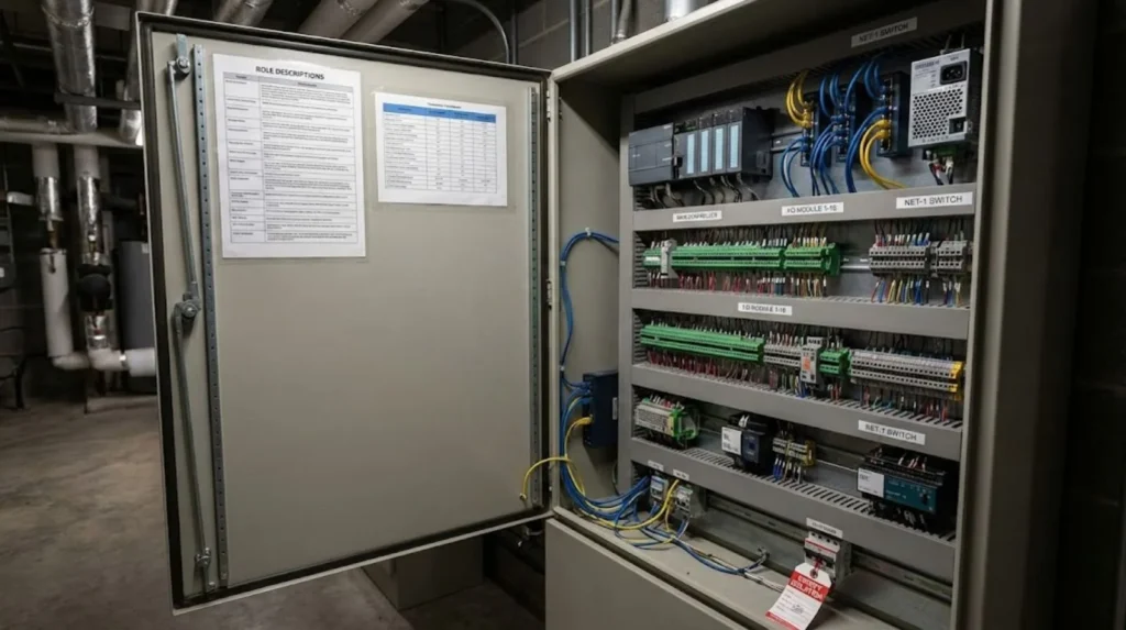Open Building Management System control panel showing controllers, IO modules, and structured wiring in a plant room.
