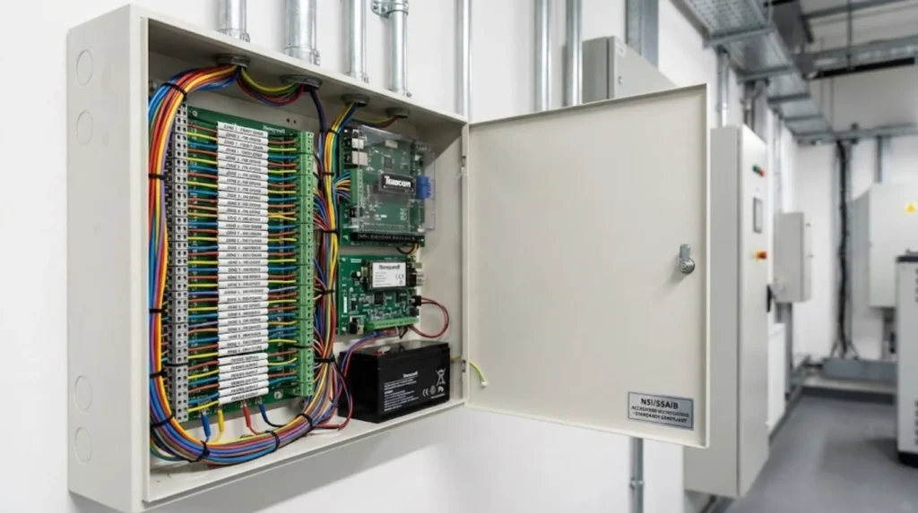 Open security system control panel showing wiring, terminals, and backup battery.
