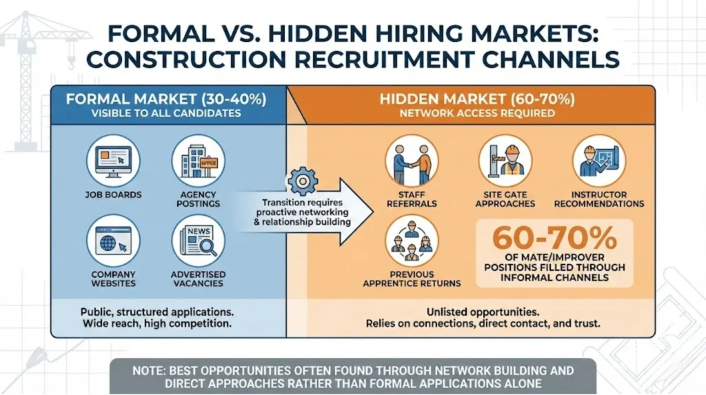 Proportion diagram showing hidden market (60-70% via referrals and networks) versus formal market (30-40% via job boards and adverts) for mate and improver hiring