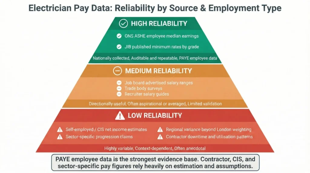 Pyramid diagram showing data reliability for electrician pay by experience ONSJIB data most reliable for PAYE employees, contractor net earnings and sector-specific patterns rely on estimates