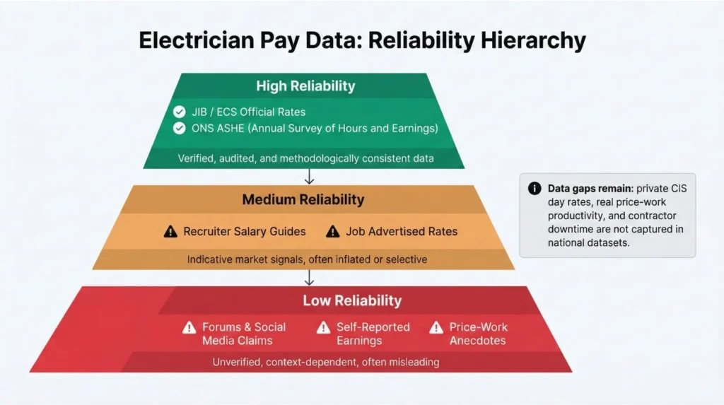Pyramid diagram showing reliability hierarchy of electrician pay data sources from high-quality official stats to low-quality anecdotal reports