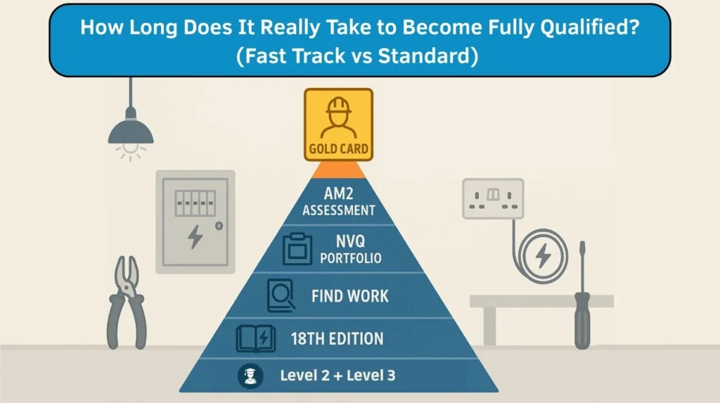 Pyramid infographic of the UK electrician journey from Level 2 to Gold Card