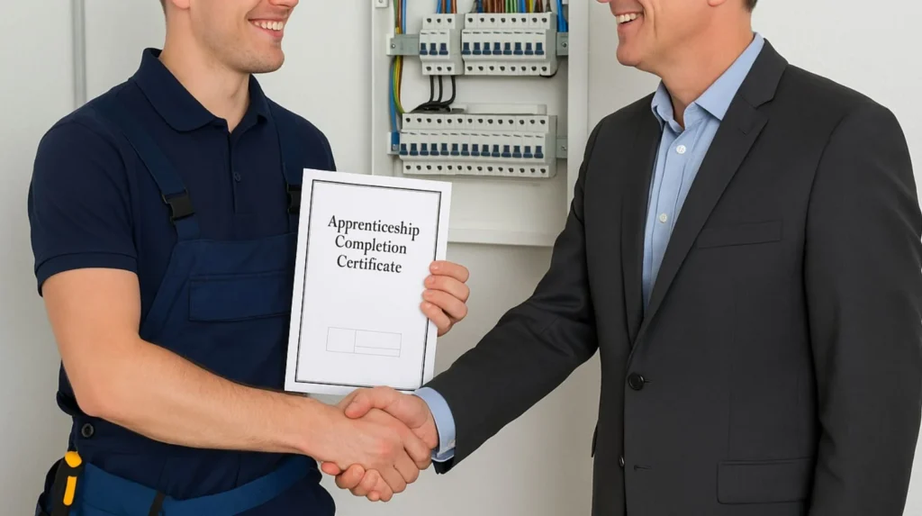 Qualified electrician after completing NVQ Level 3 apprenticeship showing proper use of apprenticeship levy funding
