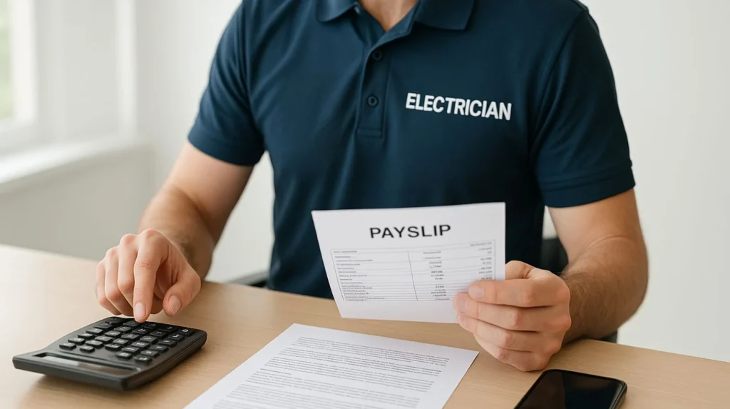 Qualified electrician reviewing payslip and calculating earnings, representing real-world pay considerations