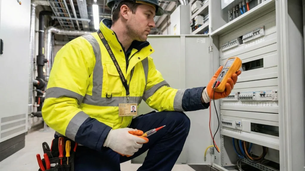 Qualified electrician testing an electrical distribution board using a multimeter on site.