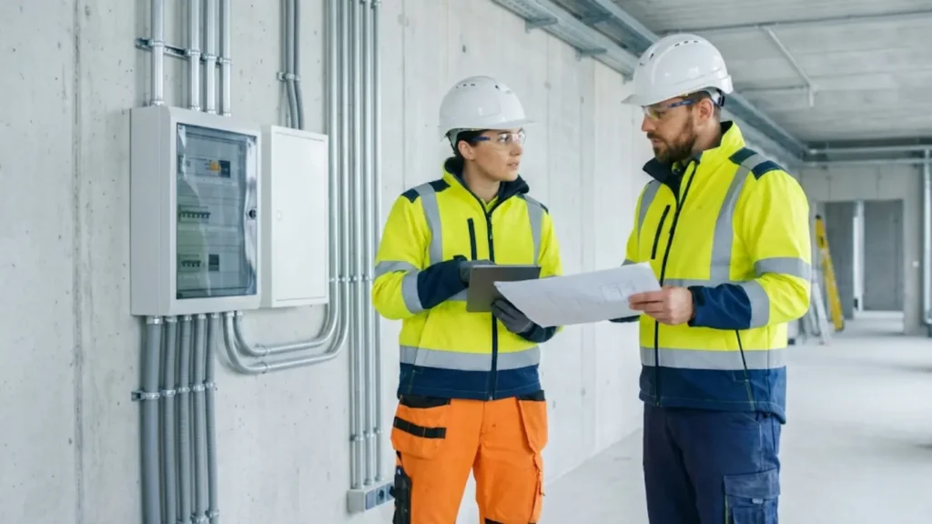 Qualified electrician wearing PPE working confidently on a professional site