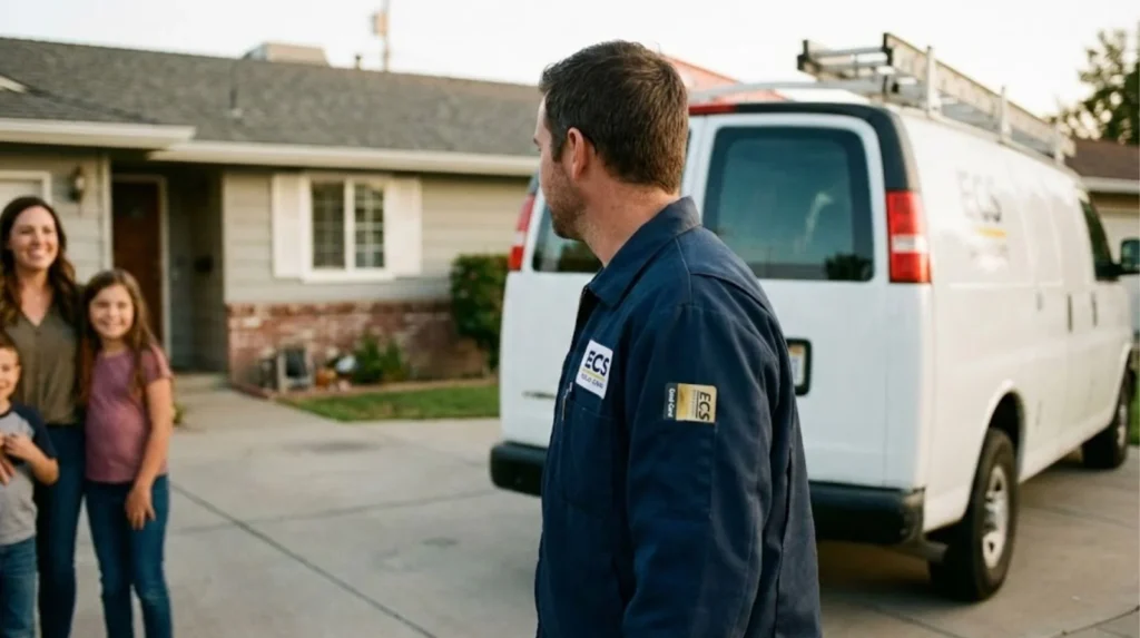 Qualified electrician with ECS Gold Card and family showing successful career change completion requiring family support and deliberate planning