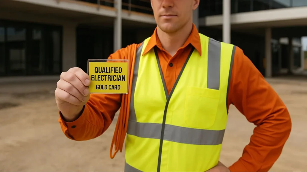 Qualified electrician with ECS Gold Card working on commercial construction site