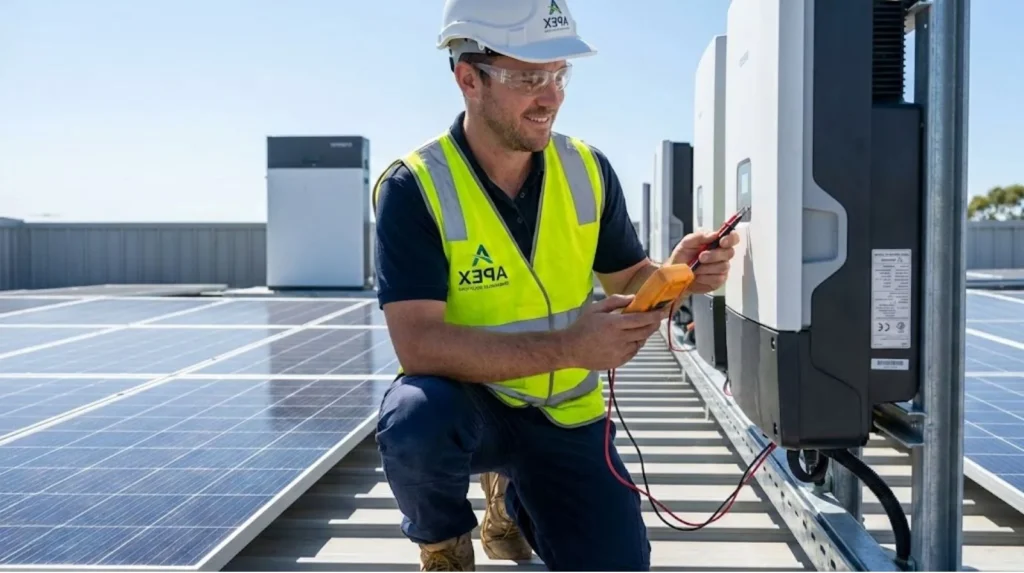 Qualified electrician working professionally on renewable energy electrical installation