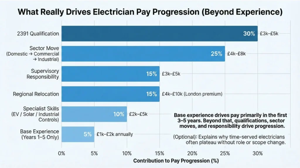 Ranked bar chart showing factors driving electrician pay progression: 2391 qualification (30% impact), sector moves (25%), supervisory duties (15%), region (15%), with base experience contributing only 5% after first five years