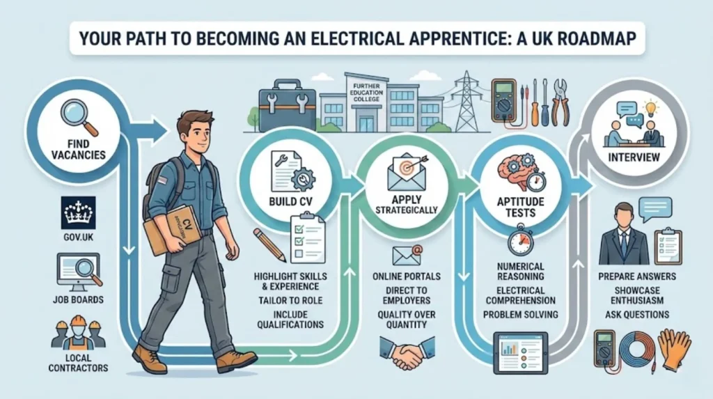 Roadmap infographic showing the steps to becoming an electrical apprentice in the UK, from finding vacancies to interviews and aptitude tests.