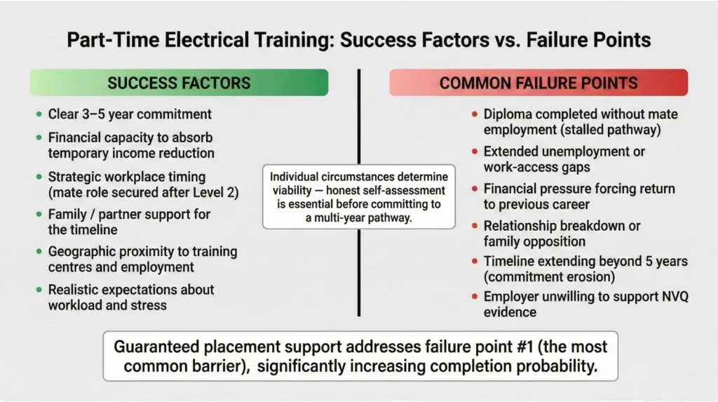 Split diagram comparing success factors supporting part-time electrical training completion versus common failure points causing pathway abandonment