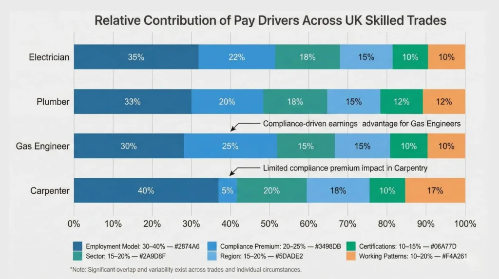 Stacked bar chart showing pay drivers for electricians, plumbers, gas engineers, and carpenters: employment model (30-40%), compliance/regulation (0-25%), sector (15-20%), region (15-20%), with trade-specific variations