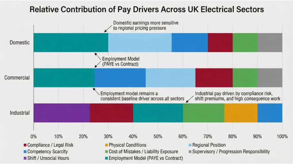 Stacked bar comparison showing pay drivers for domestic, commercial, and industrial electricians