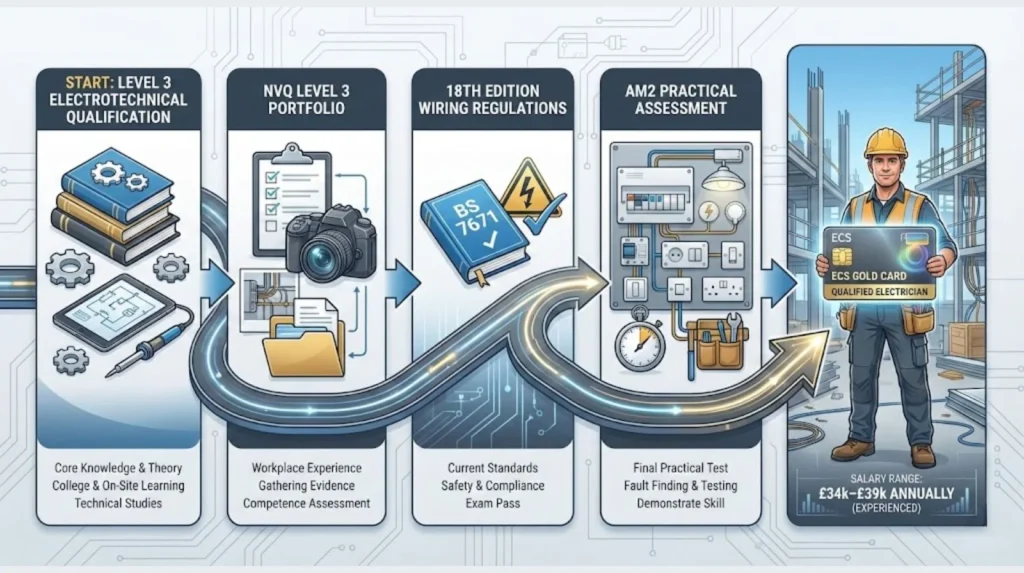 Step-by-step diagram showing the electrician qualification pathway from Level 3 electrotechnical training to NVQ portfolio, 18th Edition, AM2 assessment, and ECS Gold Card.
