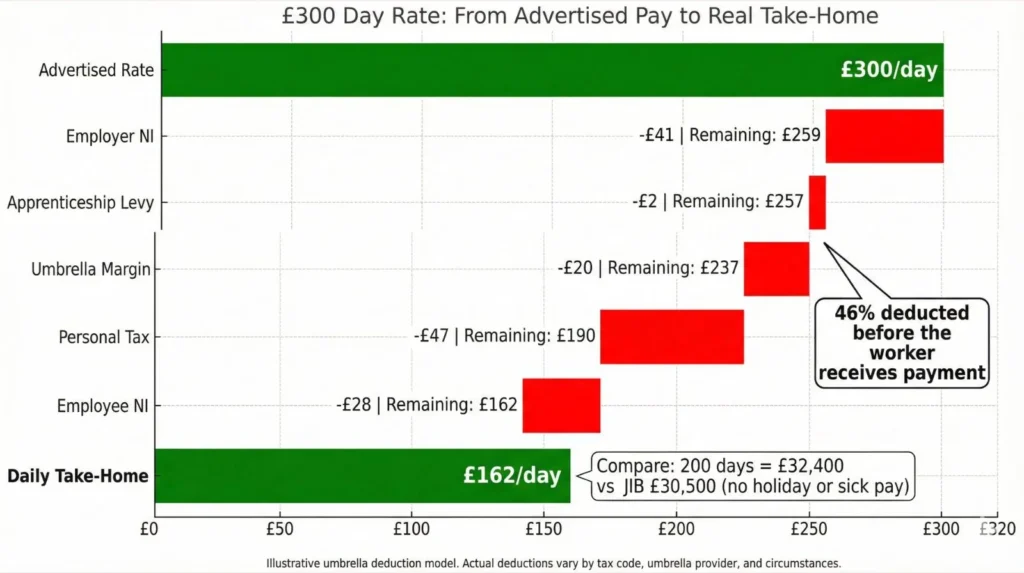 Step-down bar chart showing £300/day agency rate cascading through employer NI, levy, umbrella margin, personal tax, and employee NI to £162 daily take-home, demonstrating 46% total deductions before worker receives payment