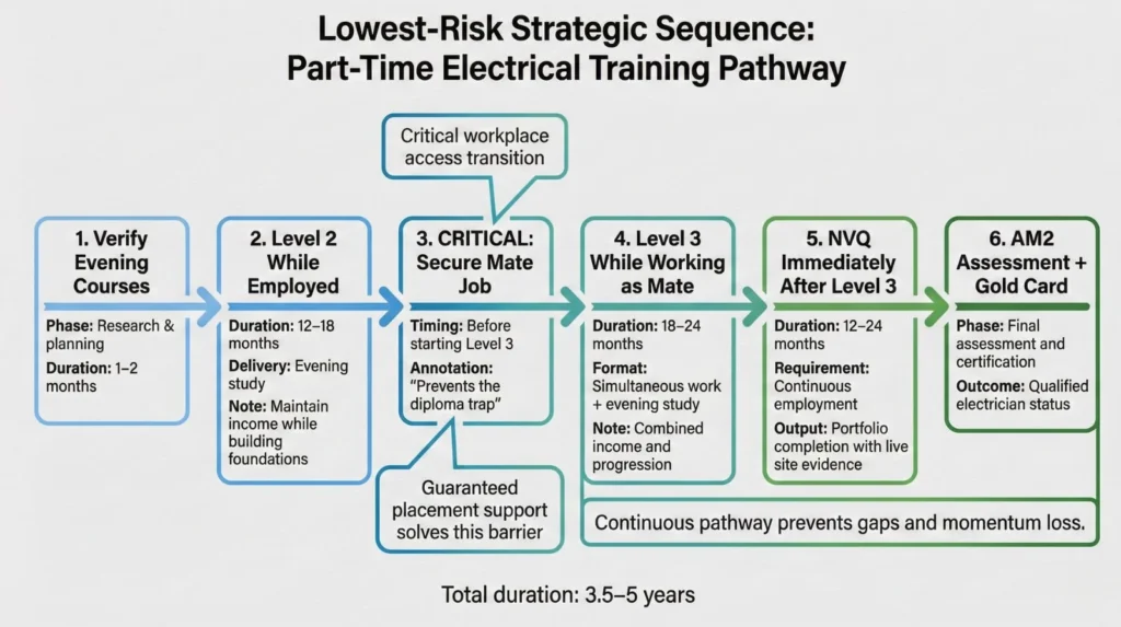 Strategic timeline showing six-step lowest-risk sequence for part-time electrical training with emphasis on critical workplace access transition before Level 3 enrollment