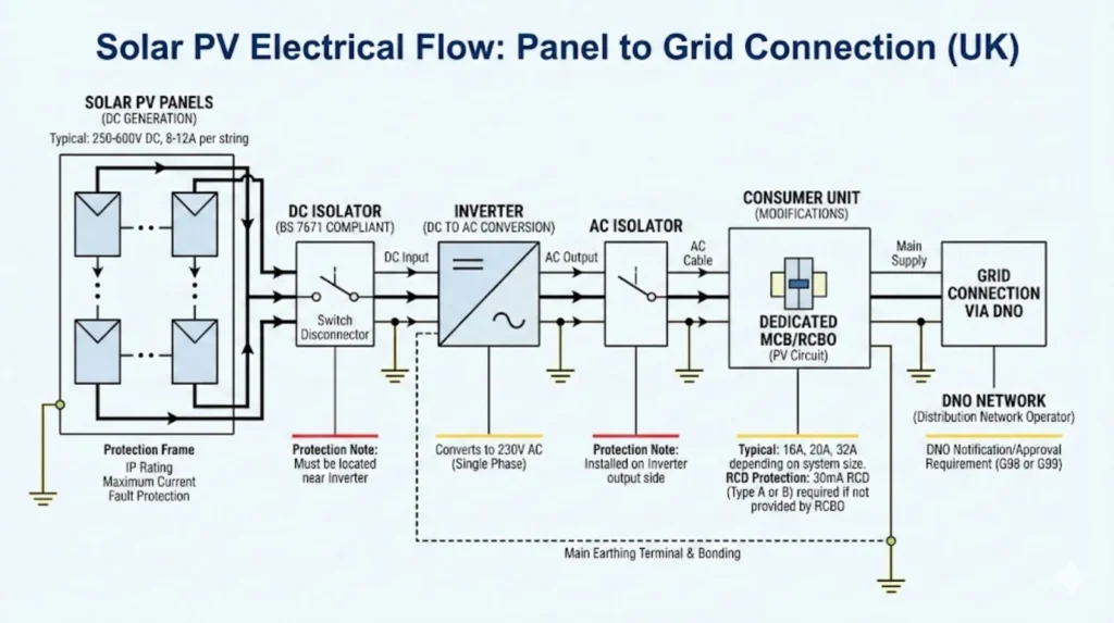 Technical diagram showing electrical system layout for solar PV installation including isolators, inverter, and grid connection