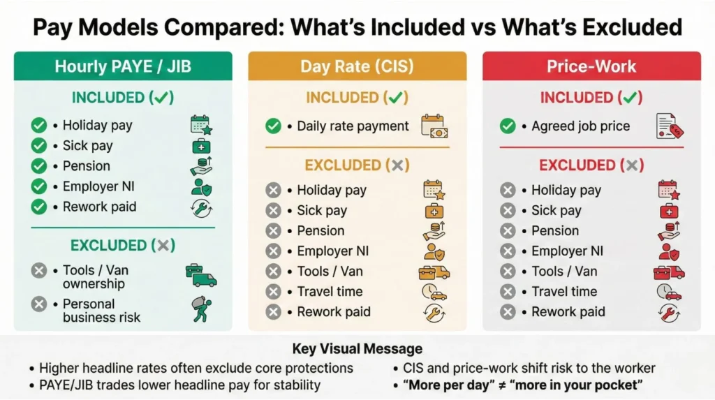 Three-column comparison showing what's included and excluded in hourly PAYE, day rate CIS, and price-work payment models