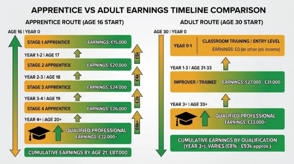 Timeline comparison showing apprentice route earns £87k cumulatively by age 21 versus adult route compressing learning into 3 years at reduced Improver wages