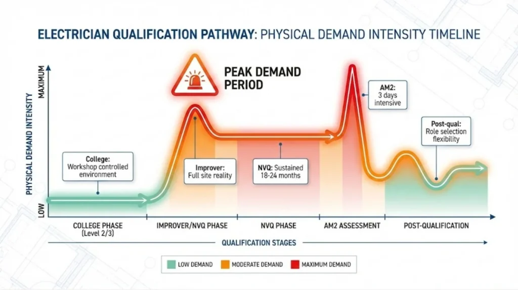 Timeline diagram showing physical demand peaking during improver and NVQ evidence phase (12-24 months) as critical period for older learners