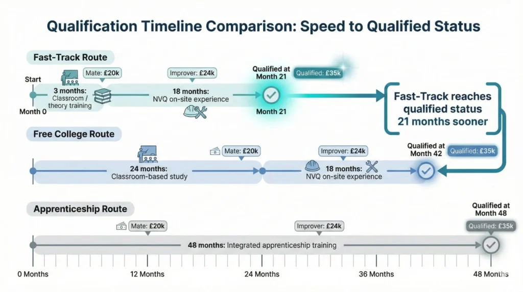 Timeline graphic comparing electrician qualification routes, Fast-Track, Free College, and Apprenticeship