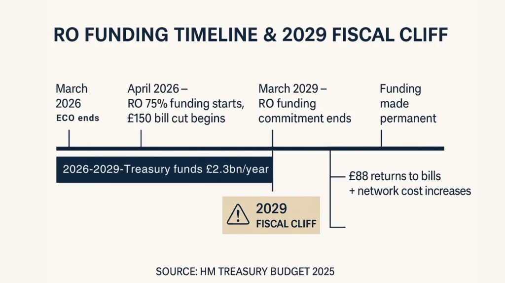 Timeline showing RO funding running April 2026 to March 2029 with fiscal cliff when funding expires