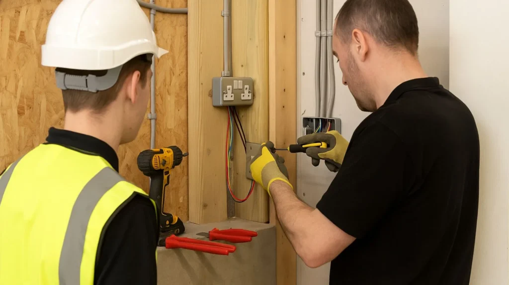 Two people working on electrical socket wiring, one instructing the other during hands-on training.