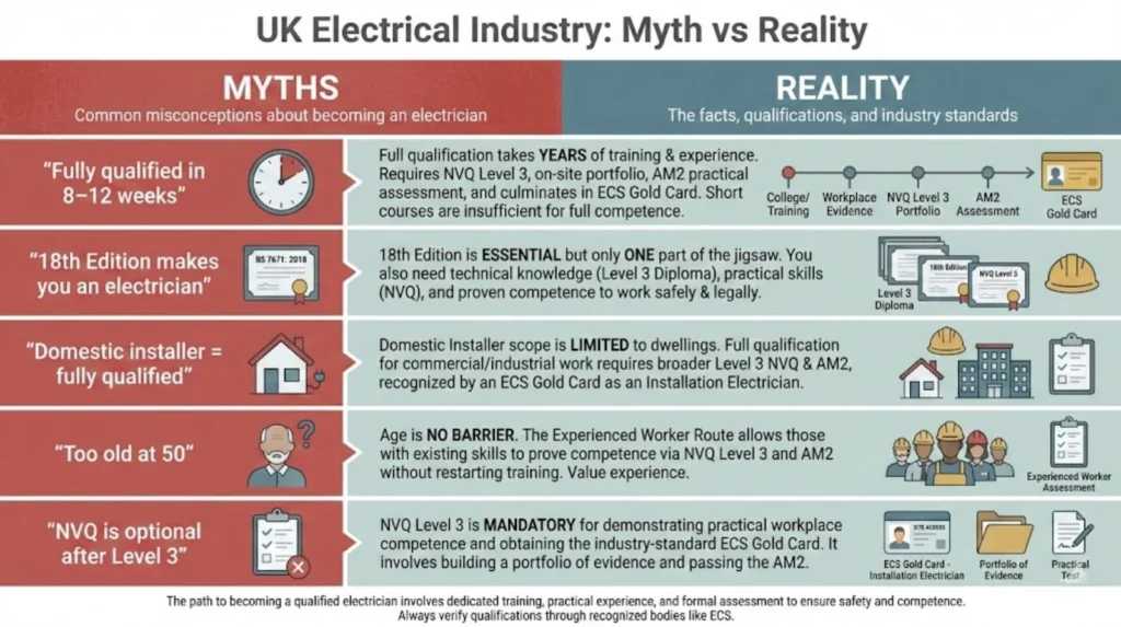 UK Electrical Industry Myth vs Reality comparing common misconceptions with the actual qualification steps, assessments, and ECS Gold Card requirements.