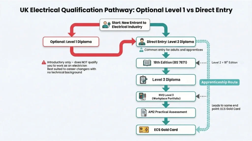 UK electrical qualification pathway from Level 1 or Level 2 to ECS Gold Card