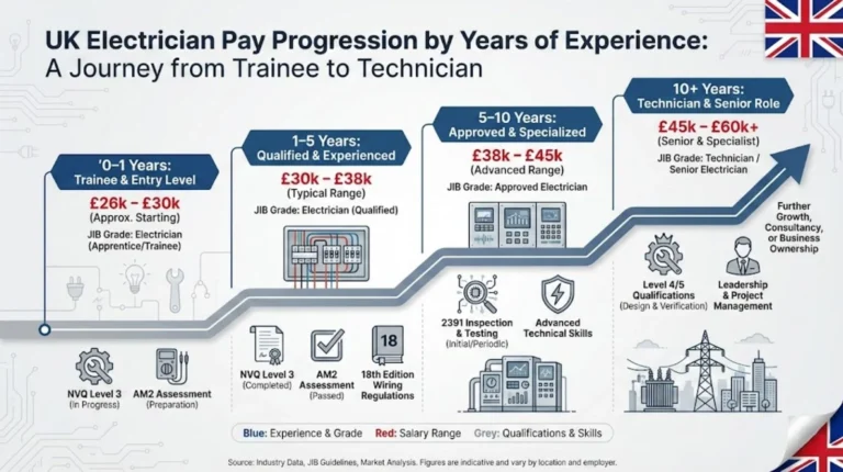 UK electrician pay progression by years of experience, from trainee to senior technician, with salary ranges and qualification milestones.