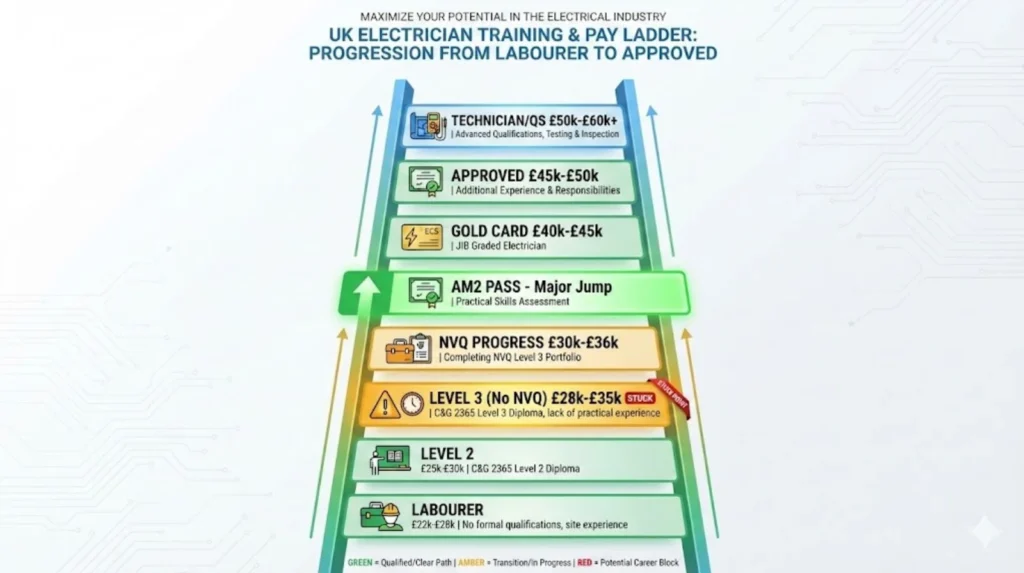UK electrician training ladder showing pay progression from £22k Labourer through Level 2, Level 3, NVQ, AM2, to £40k+ Gold Card with Improver trap highlighted