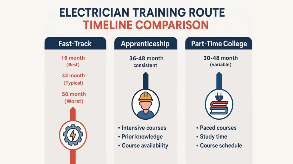 UK electrician training routes Fast-Track (163250 months), Apprenticeship (36–48 months), and Part-Time College (30–48 months). Each column shows icons, timelines, and key factors affecting duration