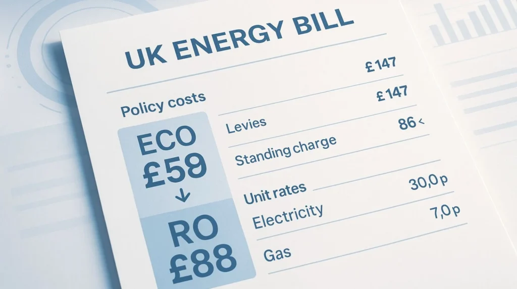 UK energy bill statement showing £150 reduction from ECO ending and RO funding shift in Budget 2025