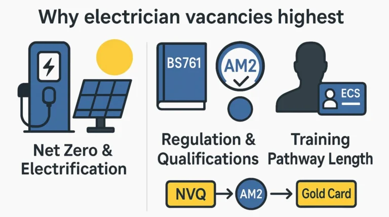 UK infographic showing electrician shortages caused by Net Zero demand, strict qualifications, and the long NVQ-to-Gold Card pathway.
