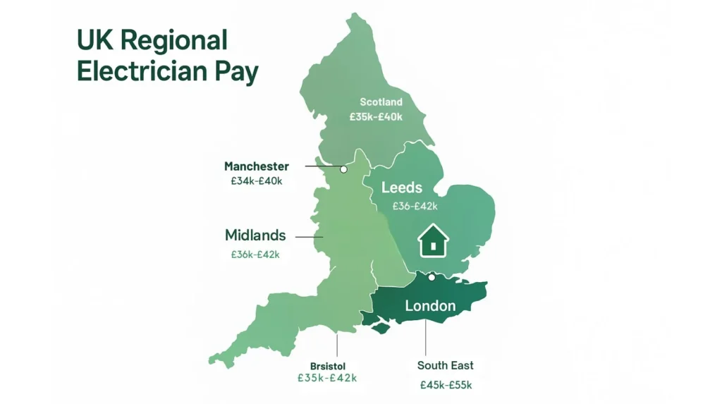 UK map showing regional electrician salary ranges from £32k-£55k with London highest but adjusted for cost of living