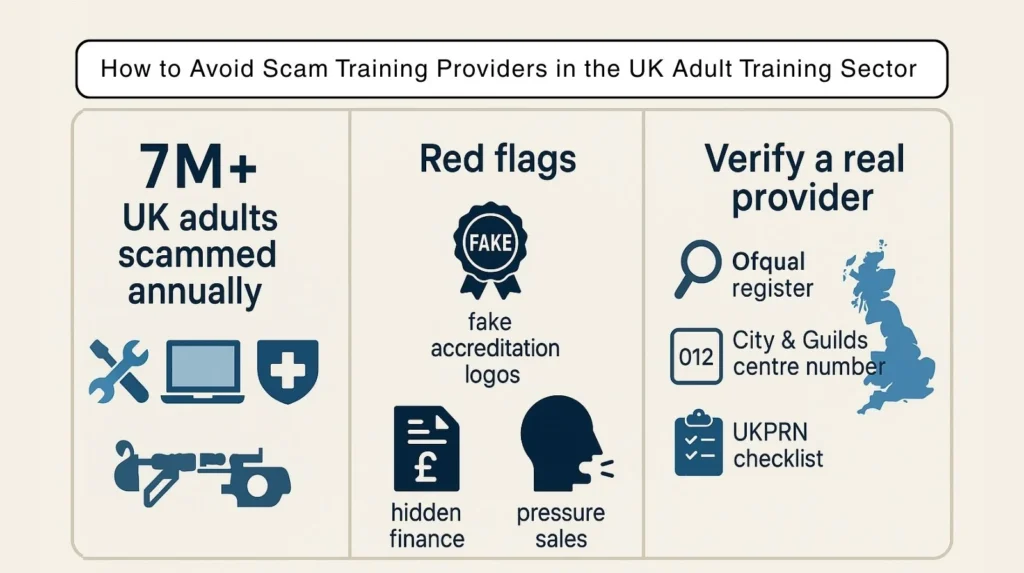 UK training scams showing annual scam statistic, red flags like fake accreditation and pressure sales, and how to verify a real provider with Ofqual, City Guilds and UKPRN