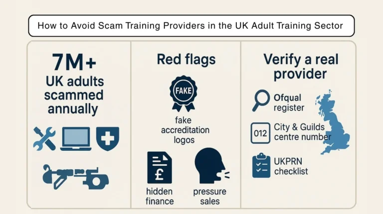 UK training scams showing annual scam statistic, red flags like fake accreditation and pressure sales, and how to verify a real provider with Ofqual, City Guilds and UKPRN