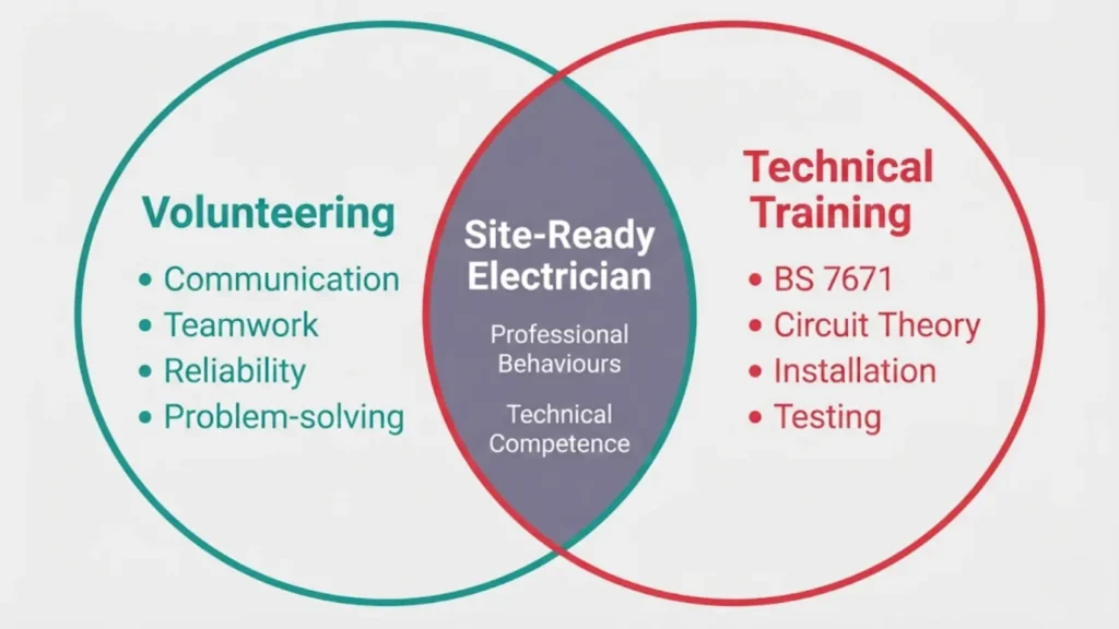 Venn diagram showing how volunteering skills and technical training overlap to form a site-ready electrician