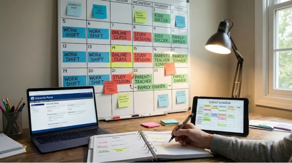 Weekly schedule calendar showing adult learner managing work shifts, college study sessions, and family commitments demonstrating time management complexity