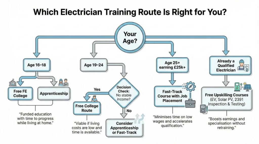 Which Electrician Training Route Is Right for You showing age based paths to college, apprenticeship, fast-track courses, or upskilling options.