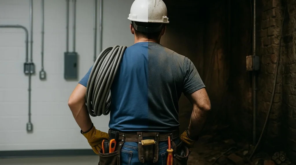 a clean training bay and a rough real electric site, wearing a hard hat and tool belt with dramatic lighting