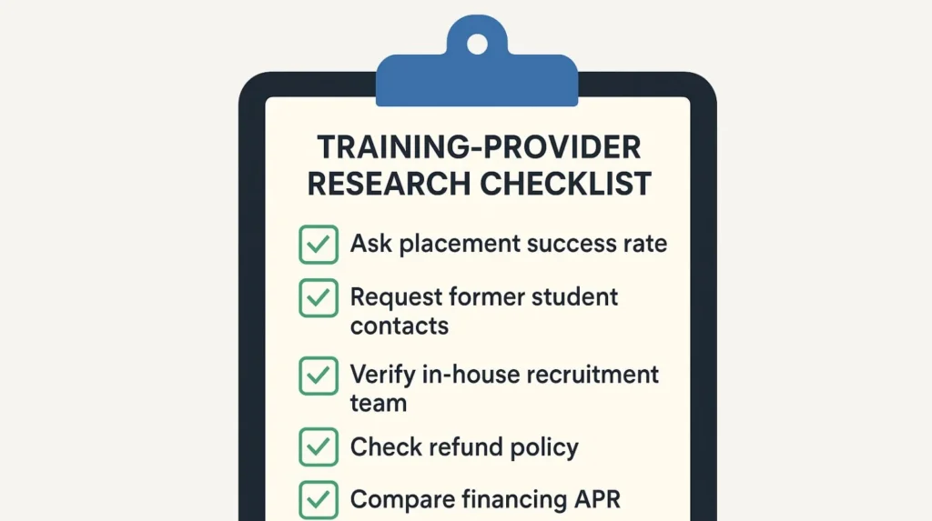 training-provider research checklist with five ticked items about placement rate, student contacts, recruitment team, refund policy, and financing APR